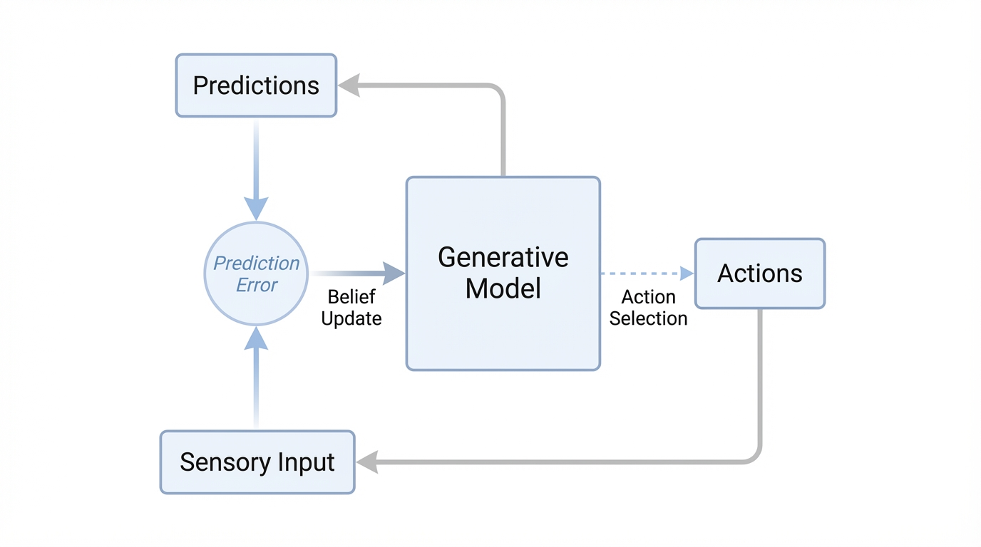 Diagram of the active inference loop showing predictions, sensory input, prediction error, generative model, and actions.