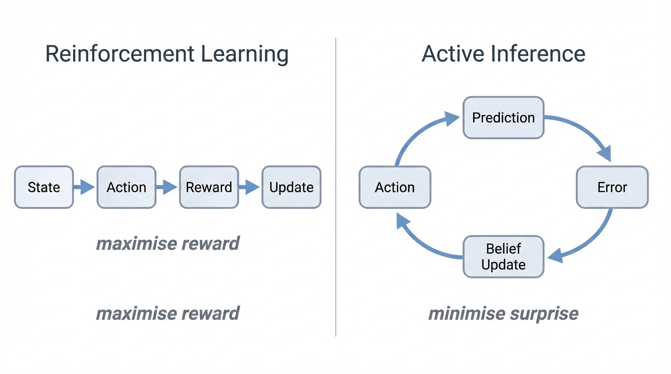 Side-by-side comparison of reinforcement learning and active inference.
